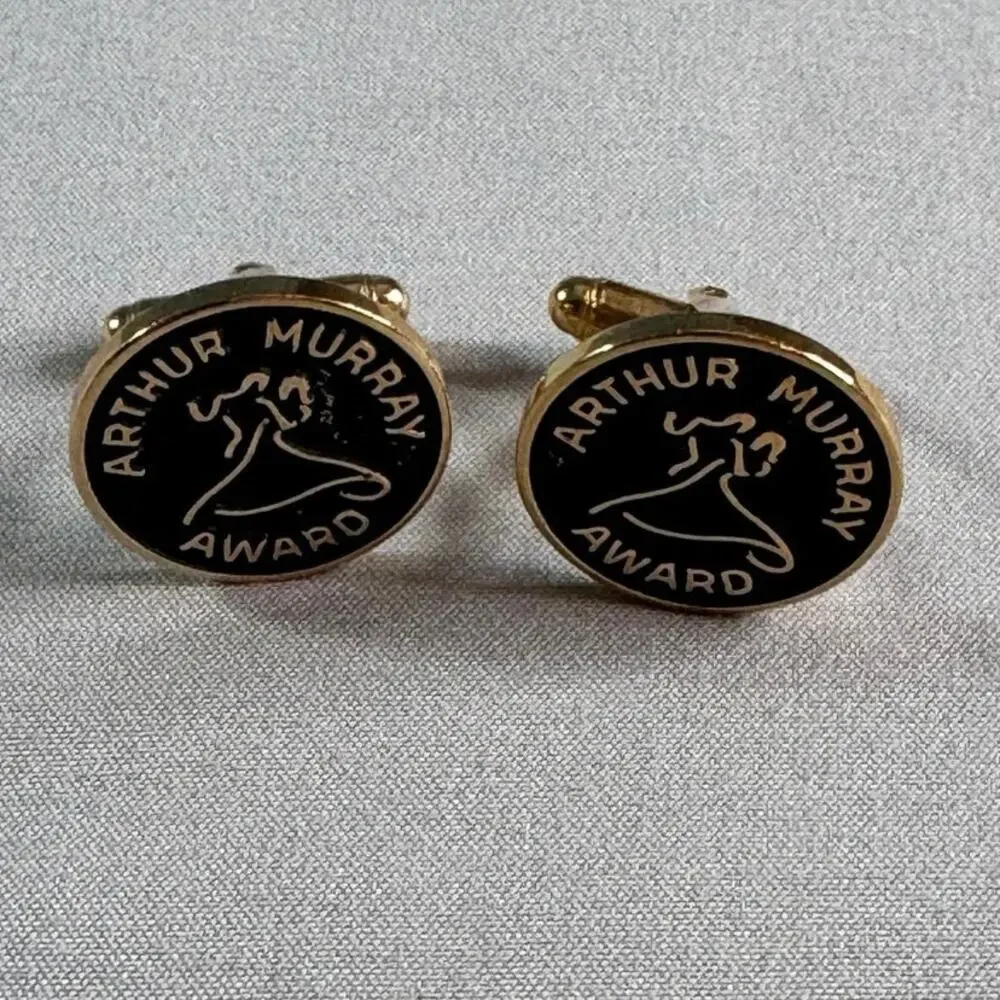 Vintage Hayward Arthur Murray Award Black Enamel Gold Tone Cufflinks Pair